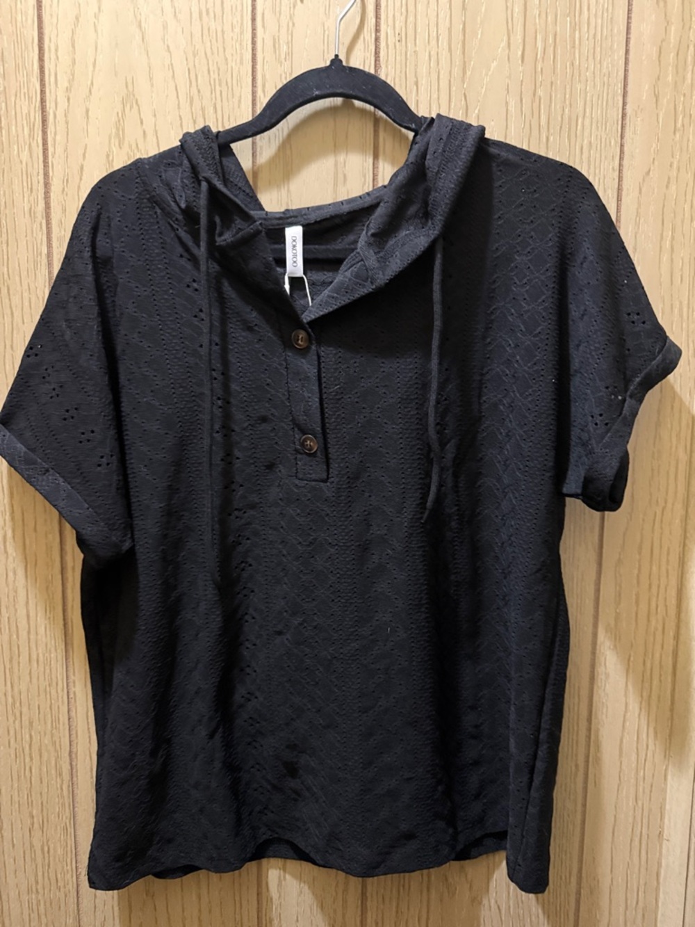 Black Hooded Eyelet Knit Top - Women